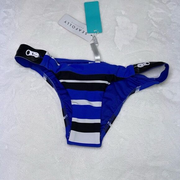 Seafolly Walk The Line Brazilian Bikini Bottom Blue Ray Size 2 - Picture 3 of 7